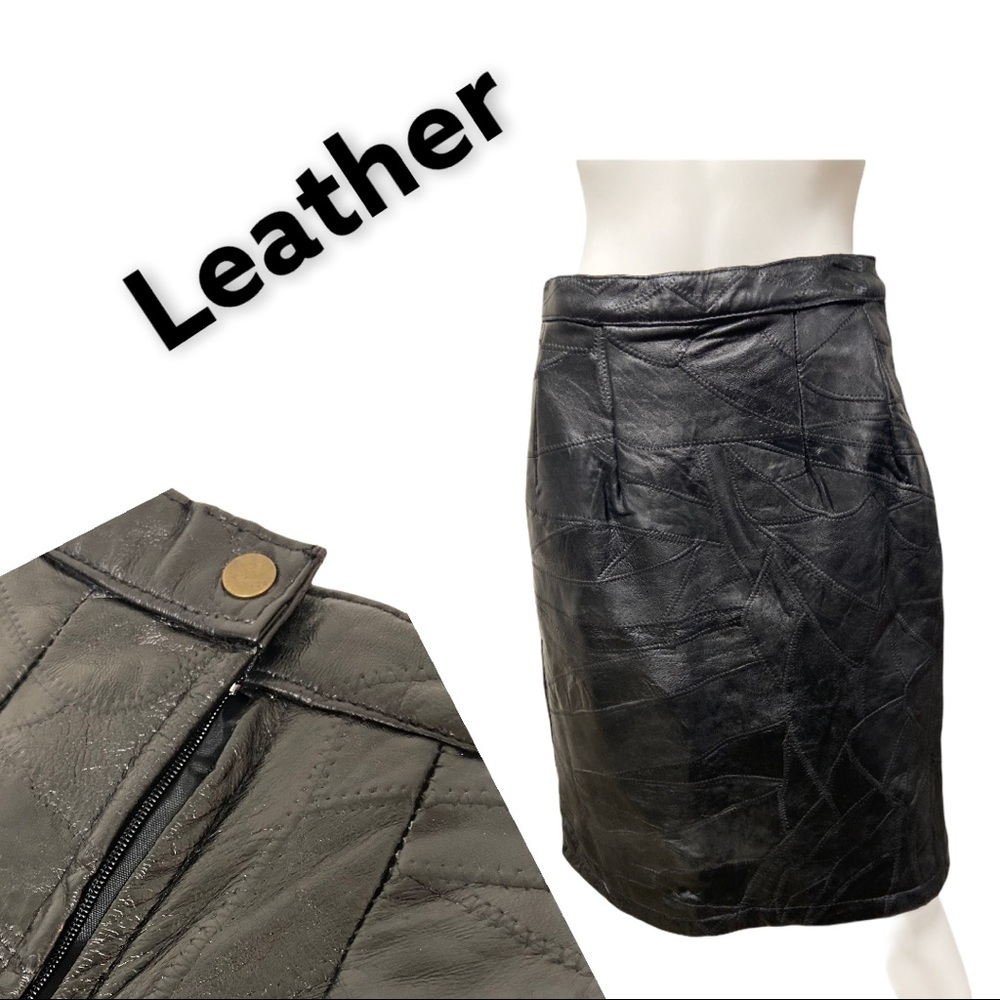Patchwork Pattern Black Natural Leather Skirt 10 … - image 1